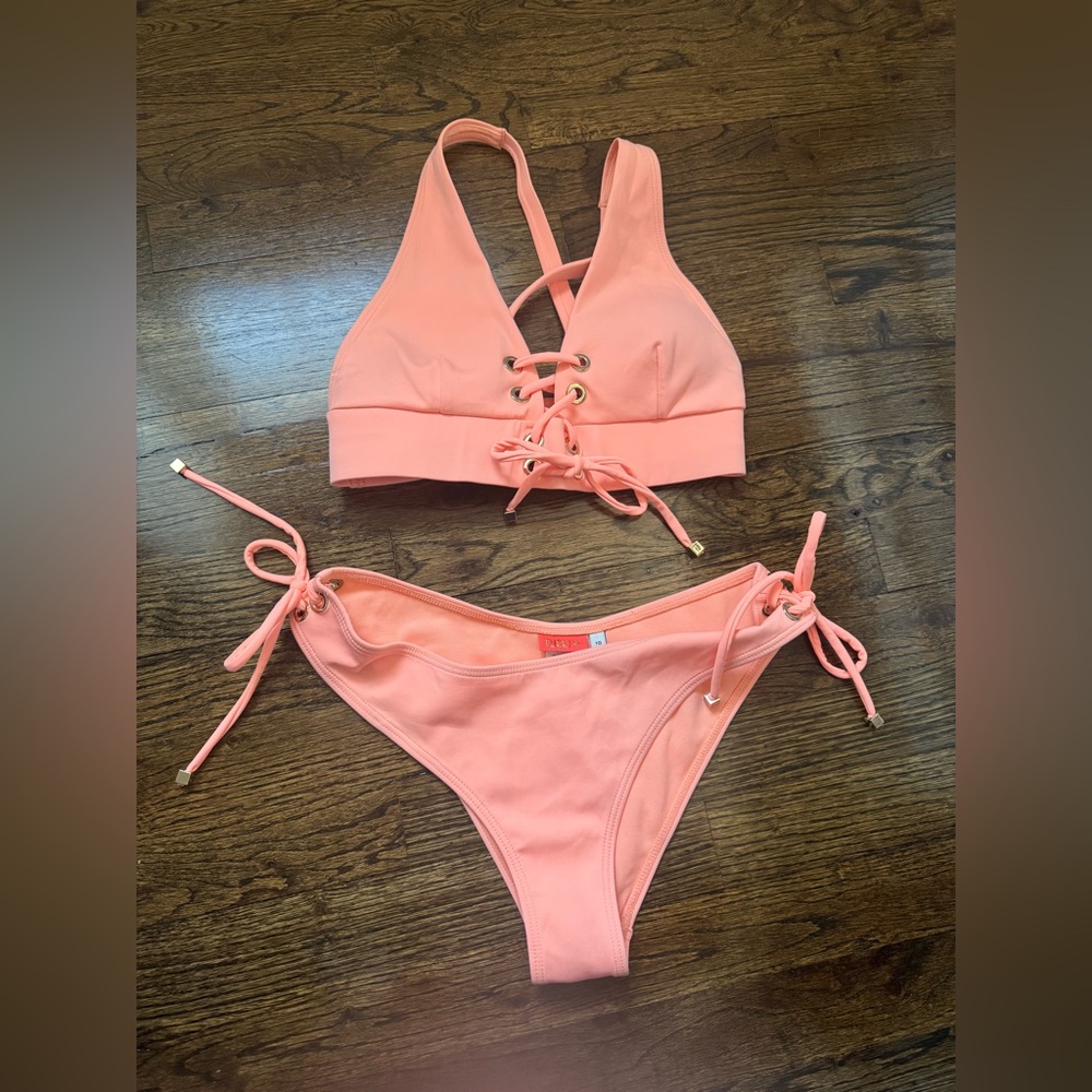 River Island Peach Lace-Up Bikini Set